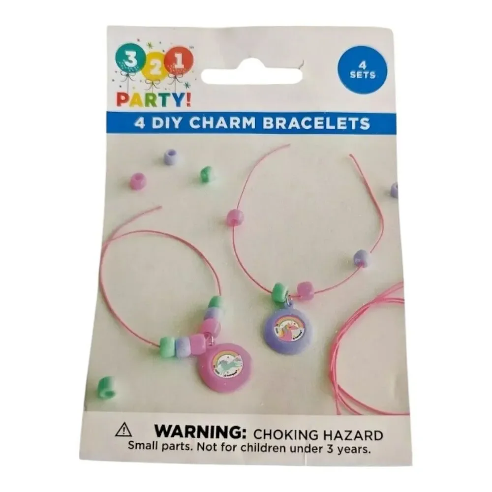 321 Party Favor 4 DIY Charm Bracelets Craft Kit Unicorn Rainbow Kids Girls Fun